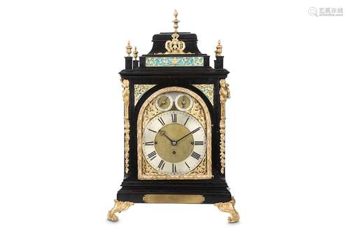 A LARGE THIRD QUARTER 19TH CENTURY ENGLISH EBONISED AND GILT BRASS MOUNTED TRIPLE FUSEE MUSICAL BRACKET / TABLE CLOCK BY CHARLES FRODSHAM