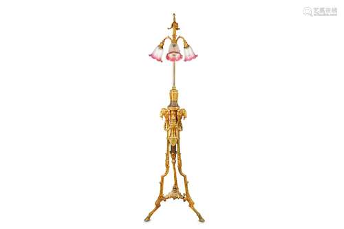 A THIRD QUARTER 19TH CENTURY FRENCH GILT AND PATINATED BRONZE STANDARD LAMP IN THE STYLE OF PIERRE GOUTHIERE (FRENCH