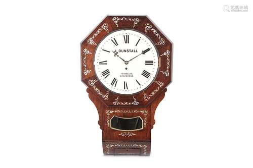 A VICTORIAN ROSEWOOD AND MOTHER OF PEARL INLAID FUSEE DROP DIAL WALL CLOCK SIGNED 'J. DUNSTALL 10 KING ST GRAVESENDthe octagonal bezel over the trunk with glazed pendulum aperture and carved scrolling side mounts