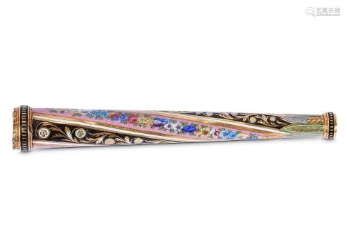 A 19TH CENTURY SWISS GOLD AND ENAMEL CIGARETTE HOLDERdecorated with spirally twisted bands of scrolling acanthus leaves and trailing flowers