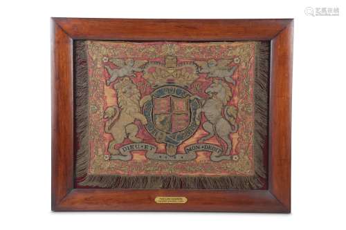 A MID 19TH CENTURY ENGLISH APPLIQUE CEREMONIAL TRUMPET BANNER FOR THE LIFE GUARDS (HOUSEHOLD CAVALRY) CIRCA 1860the embroidered royal coat of arms flanked by the lion and unicorn worked in gold and silver and coloured threads on crimson silk ground