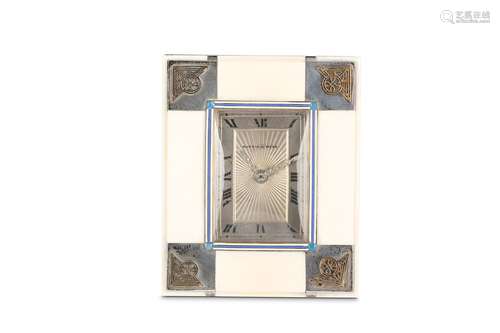 AN EARLY 20TH CENTURY FRENCH SILVER AND IVORY DESK CLOCK RETAILED BY MAPPIN & WEBBof rectangular strut form