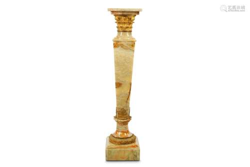 A LATE 19TH / EARLY 20TH CENTURY ONYX AND GILT METAL MOUNTED PEDESTALthe square top over the Corinthian column