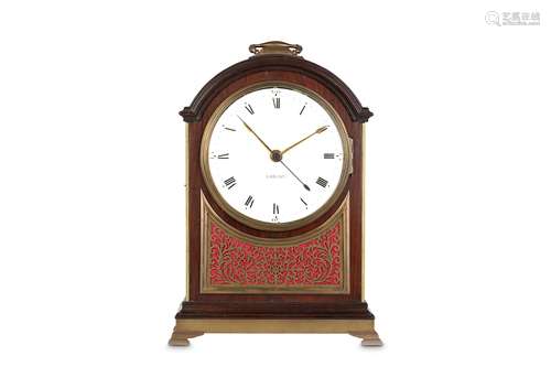 A LATE 18TH CENTURY MAHOGANY AND BRASS MOUNTED QUARTER STRIKING TABLE / BRACKET CLOCK WITH CENTRE SECONDS SIGNED 'J. BROWN'the arched case surmounted by a foliate swing handle