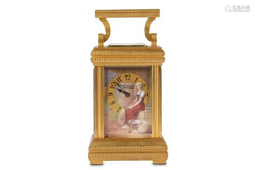 A FINE EARLY 20TH CENTURY FRENCH GILT BRASS AND ENAMELLED MINIATURE CARRIAGE CLOCK BY DROCOURT