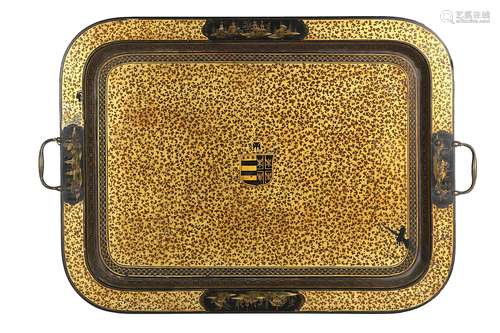 A SECOND QUARTER 19TH CENTURY ENGLISH TWIN HANDLED PAPIER MACHE TRAY ATTRIBUTED TO HENRY CLAYof rectangular form with curved corners