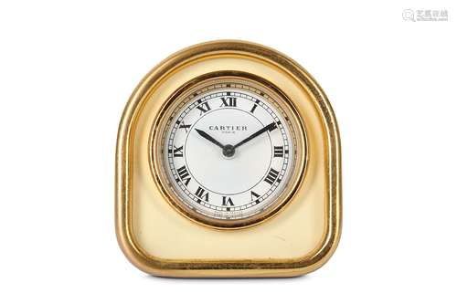 A LATE 20TH CENTURY CARTIER GILT BRASS ALARM CLOCKof arched frame form with cream enamel decoration