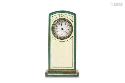 AN EARLY 20TH CENTURY SWISS ENAMEL AND SILVERED METAL MINIATURE TRAVELLING CLOCKof arched pedestal form