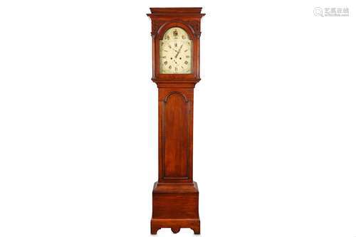 AN 18TH CENTURY ENGLISH OAK LONGCASE CLOCKthe hood with caddy top over three quarter columns to the corners