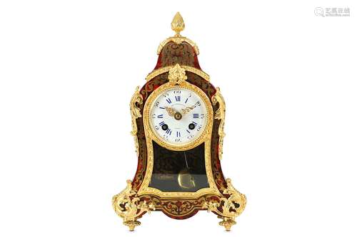 A SMALL THIRD QUARTER 19TH CENTURY FRENCH 'BOULLE' TYPE CUT BRASS AND TORTOISESHELL INLAID MANTEL CLOCK BY CHARLES TAYLOR & SON