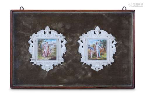 A PAIR OF LATE 18TH / EARLY 19TH CENTURY PAINTED AND CARVED  IVORY PANELS DEPICTING VENUS AND CUPID AND CERESthe rectangular miniature painted scenes within ornate Renaissance Revival carved frames