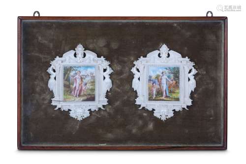 A PAIR OF LATE 18TH / EARLY 19TH CENTURY PAINTED AND CARVED  IVORY PANELS DEPICTING VENUS AND CUPID AND CERESthe rectangular miniature painted scenes within ornate Renaissance Revival carved frames