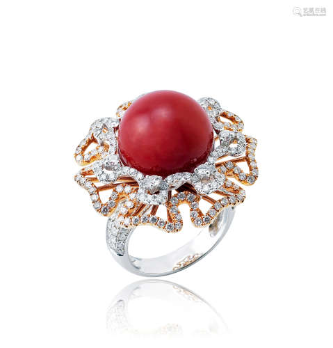 18K白金玫瑰金镶嵌赤色珊瑚配钻石戒指
