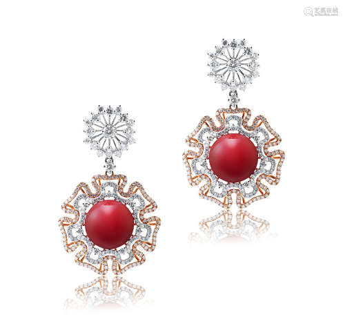 18K白金玫瑰金镶嵌赤色珊瑚配钻石耳环