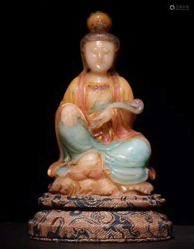 A Carved Shoushan Stone Guanyin Statue