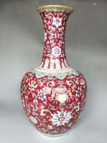 A Red Ground Famille Rose Vase