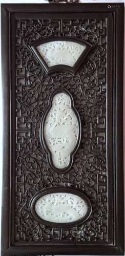 A Zitan Wood Inlaid Heitian Jade Screen