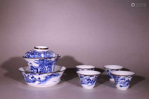 SET OF BLUE AND WHITE TEA DISHES