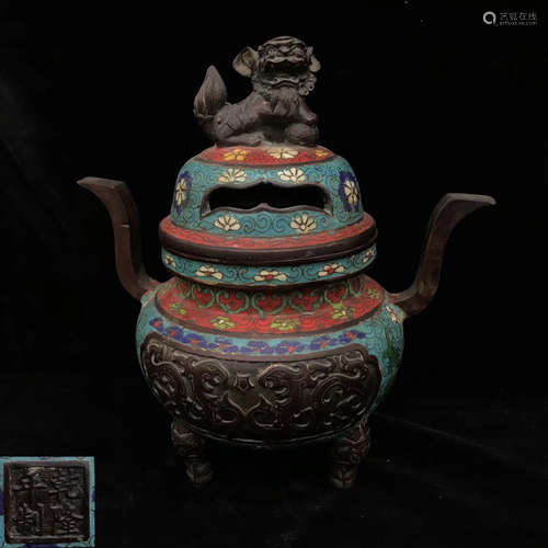 A CLOISONNE TRIPOD CENSER WITH QIANLONG MARK