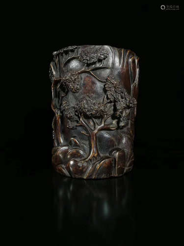 A CHENXIANG WOOD MAN AND LANDSCAPE PEN HOLDER