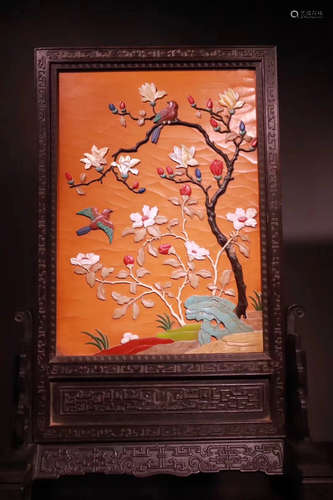 A ZITAN WOOD AND LACQUER DECORATED SCREEN