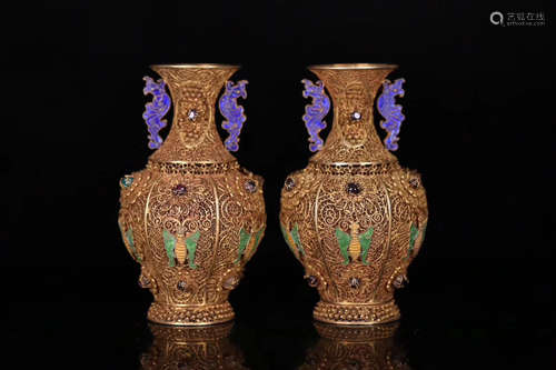 PAIR GILT SILVER MOLDED V VASES