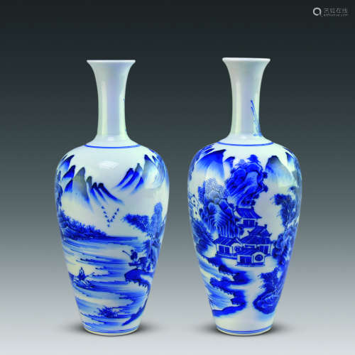 青花山水纹瓶(一对) “大清雍正年製”款