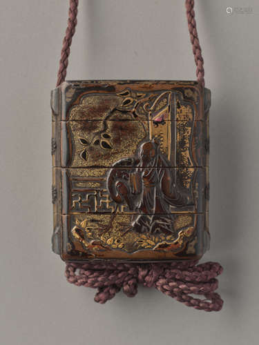 A THREE CASE LA CQUER AND GOLD INRO OF TWO SAGES...