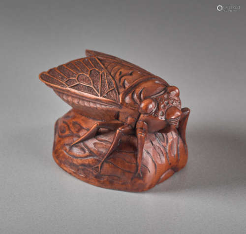 A WOOD NETSUKE OF A CICADA ON A NUTSHELLWood ne...