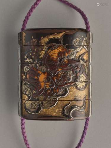 A THREE CASE LACQUER AND GOLD INRO OF A CELESTIAL ...