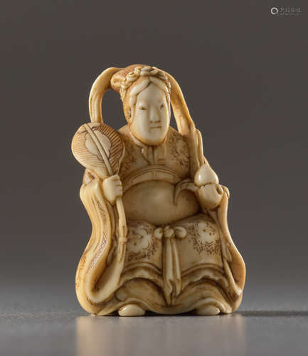 A SMALL IVORY NETSUKE OF SEIOBOIvory netsuke. J...