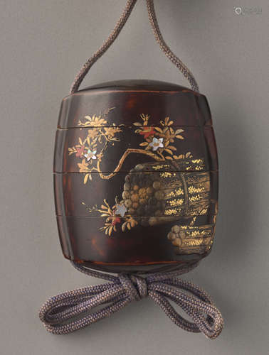 AN UNUSUAL LACQUER AND GOLD INRO OF BLOSSOMS AND S...