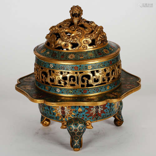 CHINESE CLOISONNE TRIPOD COVER CENSER