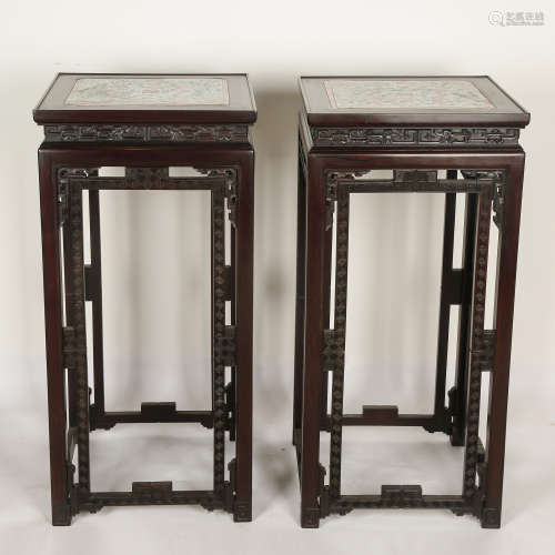 CHINESE HARDWOOD STAND WITH PORCELAIN PANEL