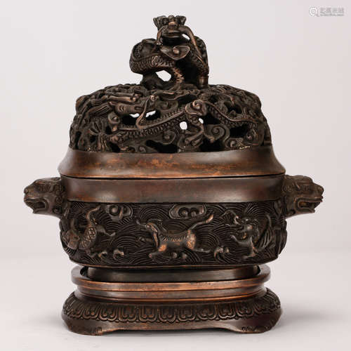 CHINESE BRONZE DRAGON COVER CENSER