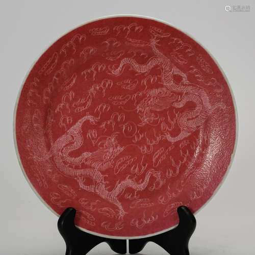 CHINESE CARMINE RED GLAZED DRAGON PLATE