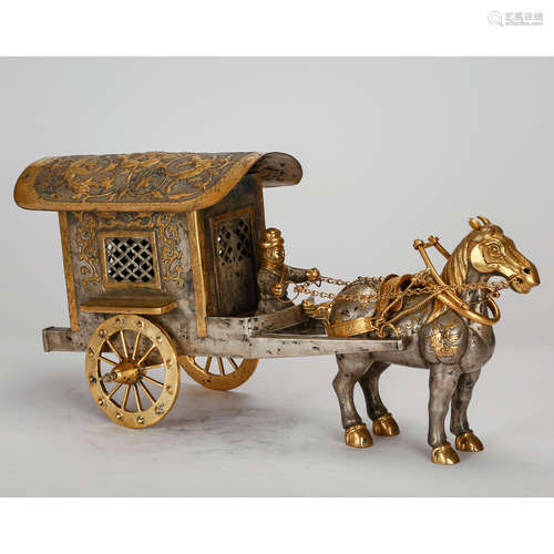 CHINESE GILT SILVER HORSE WAGON