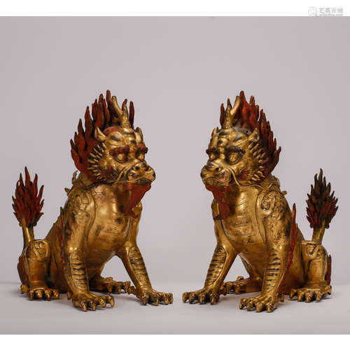 CHINESE GILT BRONZE KIRIN, PAIR