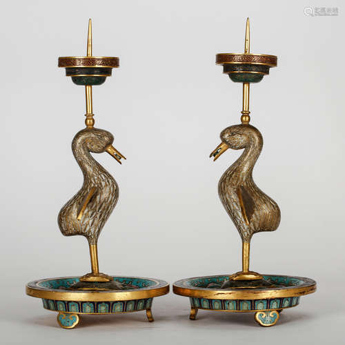 CHINESE CLOISONNE CRANE CANDLE STAND, PAIR