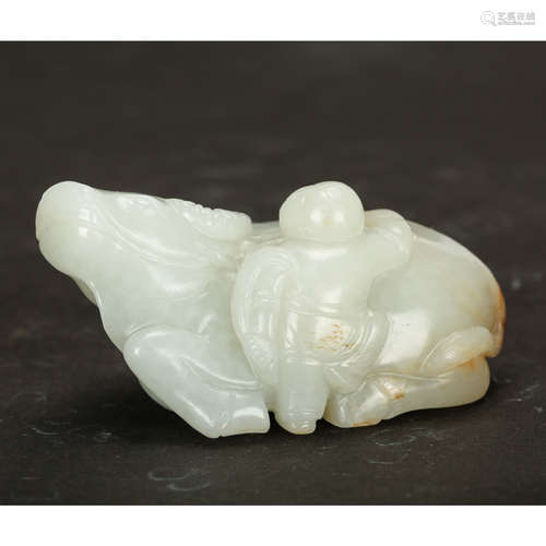 CHINESE WHITE JADE CARVED BOY WITH BUFFALO