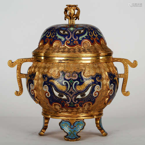 CHINESE GILT BRONZE ENAMEL TAOTIE MASK CENSER