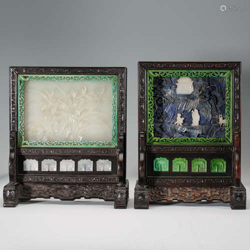 CHINESE TABLE SCREEN WITH JADE AND LAPIS, SET OF 2