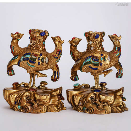 CHINESE GILT BRONZE CANDLE STAND, PAIR