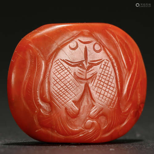 CHINESE RED AGATE BEAD CARVED FISH