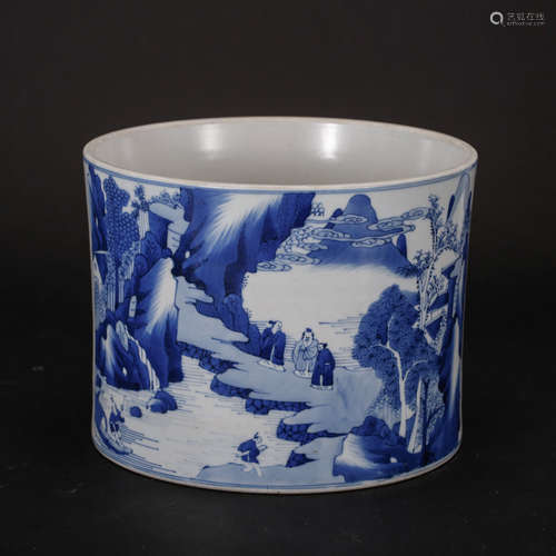 CHINESE BLUE AND WHITE PORCELAIN BRUSH POT