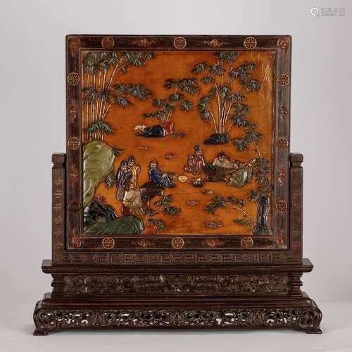 CHINESE HARDWOOD TABLE SCREEN W/ INLAID