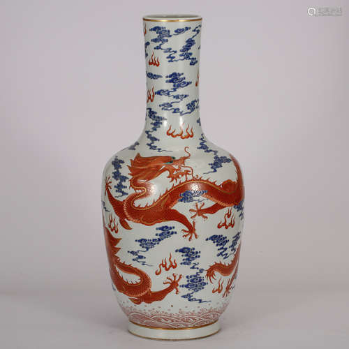 CHINESE BLUE AND WHITE IRON RED DRAGON VASE