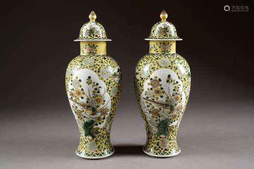 Paire de Vases couverts de Forme Meiping. Décor, F...