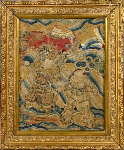 Deux Guerriers. Broderie, soie et fil or. Chine. X...