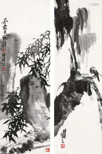 卢坤峰（b.1934） 花鸟竹石 镜心 水墨纸本
